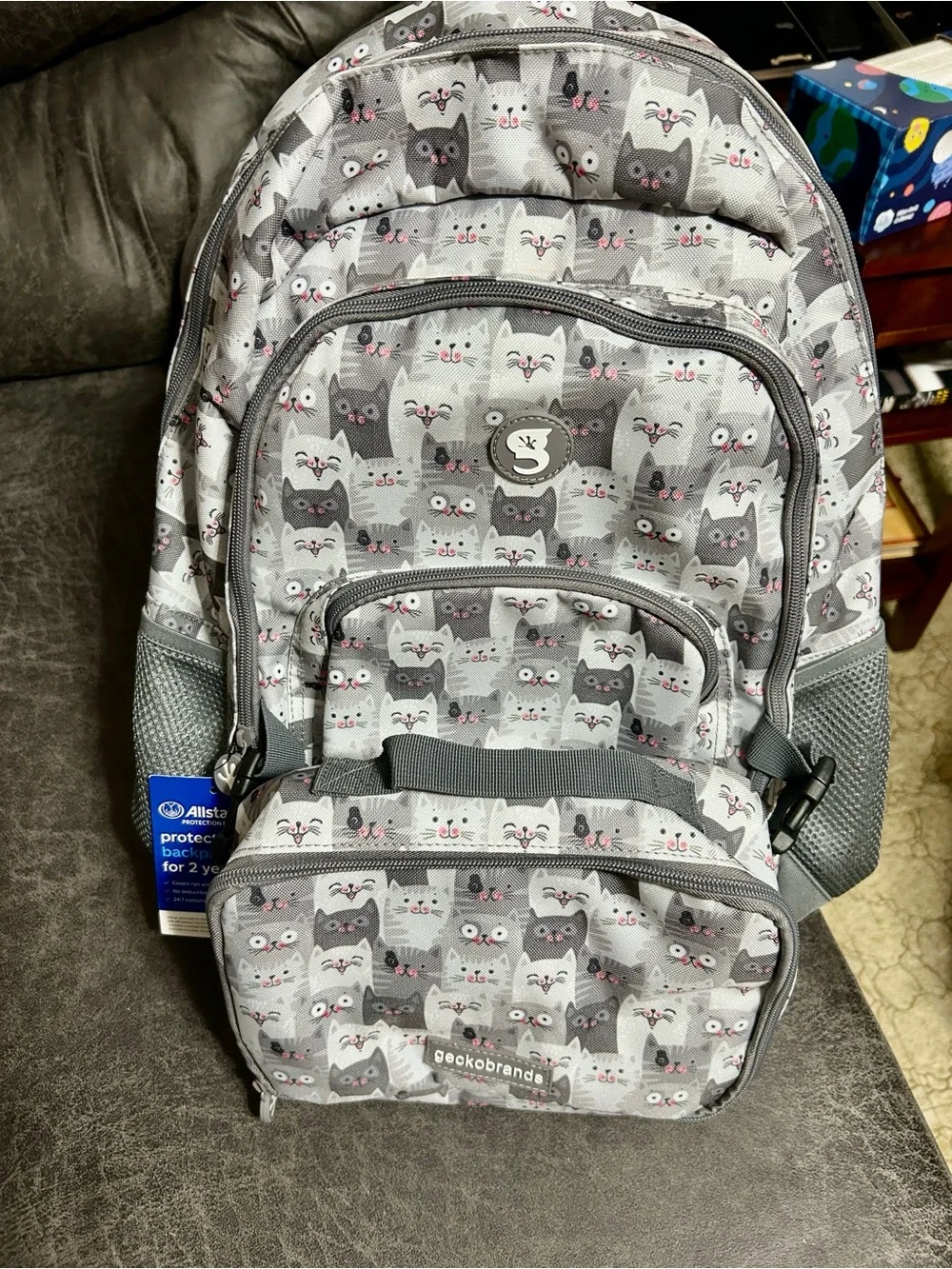 NWT Geckobrands Cat Print Backpack. Gray with Pink Accents Girls Love.